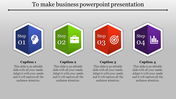 Slide with four hexagonal steps in blue, green, red, and purple, each labeled 01 to 04 with icons and captions.