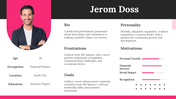 Portfolio slide with profile photo, bio, goals, frustrations, personality traits, motivations, black-pink theme.