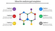 Molecular-style infographic with interconnected colored nodes linked to six labeled captions for analysis ideas.
