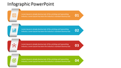 A professional infographic slide design with orange, blue, red, and green arrows, each accompanied by an icon and text.