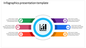 Infographic PowerPoint template with six colorful sections surrounding a central chart icon with placeholder text.