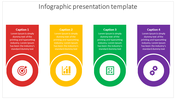 Four rectangular infographic boxes with red, yellow, green, and purple colors, each with captions and icons.