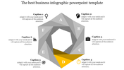 Gray polygonal infographic with six segments labeled A to F, featuring captions around and one highlighted in yellow.