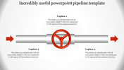 Pipeline-themed slide with a red control valve in the center of a gray pipe, flanked by arrows and caption areas. 