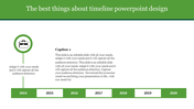 Timeline PowerPoint slide with labeled years from 2014 to 2020, featuring an icon and a caption.