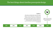 Horizontal timeline with years from 2014 to 2020 in green and white blocks, featuring a circular handshake icon