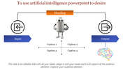 Robot illustration connecting input and output blue arrows and four captions arranged around a cross layout.