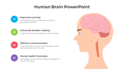 Slide displaying a side profile of a human head with an illustrated brain, and four colorful caption areas.