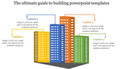 Building PowerPoint template featuring colorful skyscrapers with four caption boxes, each representing a different concept.