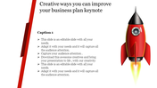 A creative business plan keynote slide with a rocket graphic and text options.