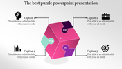 Pink 3D cube puzzle design with four colorful segments labeled and captions connected by lines, set on a light background.