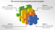 Puzzle PPT template showcasing colorful puzzle pieces with captions for each section.
