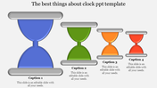 Four hourglass clock graphics in blue, green, orange, and red with captions areas below each.