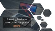 A business PowerPoint template with a 2019 theme, showcasing a laptop and modern design elements.