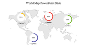 World map PowerPoint slide with percentage circles highlighting different regions with percentages and captions.