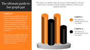 Orange and black cylindrical bars in a 3D chart design placed on a gray base with descriptive captions.
