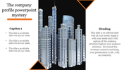 Modern slide layout with a 3D cityscape centerpiece and editable caption and heading blocks on a clean white background.