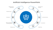 Circular AI themed layout with blue center icon surrounded by ten industry specific illustrations and minimalist text.