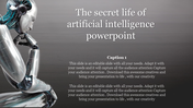 Reflective silver robot sitting thoughtfully on a textured gray background with a clean, minimalist layout.