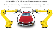 Illustration of artificial intelligence with two robotic arms assembling or inspecting a red car under a circular frame.