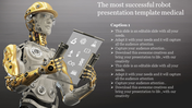 Robot with golden and silver parts holding a transparent screen displaying medical icons, with text on a gray background.