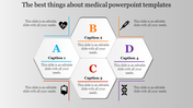 Medical themed hexagonal infographic with icons and captions A, B, C, and D on a gradient background.