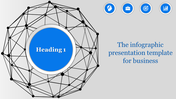 Slide using a circular infographic template to visualize data, with a central circle for a heading and connected nodes.