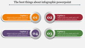 Horizontal infographic layout in orange, red, green, and purple, each numbered 01 to 04 with captions areas.