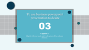 Blue rectangular card with a large number 03, surrounded by a gray grid and circular elements on a light background.