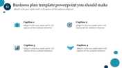 Business plan PowerPoint with icons for business, goals, analysis, and partnership with captions.