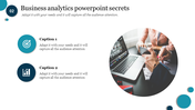 Business analytics slide featuring icons for goal setting and data analysis with a circular image of a laptop and hands.