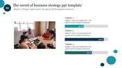 Business meeting image on the left, three horizontal progress bars in blue and gray on the right displaying percentages.