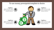Slide with a central character holding money bags and four captions with finance-related symbols.