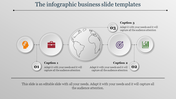 Infographic style business slide with icons for strategy, business tools, global network, targets, and growth with captions.
