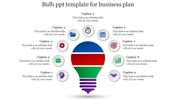 Four part light bulb design with nine circular icons surrounding it, each labeled with captions for business planning.