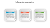 Infographic PowerPoint presentation slide with three sections featuring colorful captions and a numbering design.