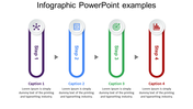 Four vertical infographic steps in purple, blue, green, and red with circular icons and captions below.