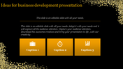 Business development presentation template with three sections with icons and placeholder text on a dark theme.