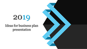 Modern business plan slide with the year '2019' in blue, a stylized arrow design, and placeholder text areas.
