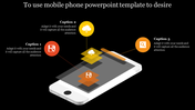 3D smartphone view with three floating icons in red, yellow, and orange, connected to captions against a black background.