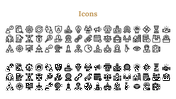 Icon set featuring black outline and solid designs, arranged in two sections with a gold heading.