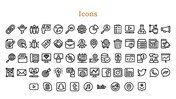 Black outline icons representing business tools, social media, and tech symbols, arranged in rows with a golden heading.