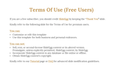 Terms of use slide for free users with golden text, bullet points, and footer with links in light color.