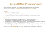Terms of use for premium users with gold text, bullet points detailing permissions and restrictions, and a footer with links.