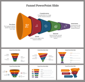 Presentation featuring a detailed funnel design and multiple slides explaining each stage with matching colors and icons.