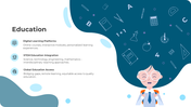 Education PowerPoint slide featuring three main topics with icons and text descriptions.