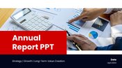 Annual report PPT with red theme, charts, data visuals, and clean layouts for clear business performance insights.