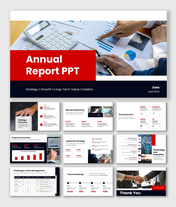 Annual report PPT with red theme, charts, data visuals, and clean layouts for clear business performance insights.