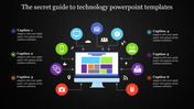 Technology themed infographic with a central computer, connected colorful icons, and six captions, on a dark background.