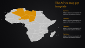 Gray map of Africa highlighting specific regions in orange and four captions displayed on the right, on a black background.